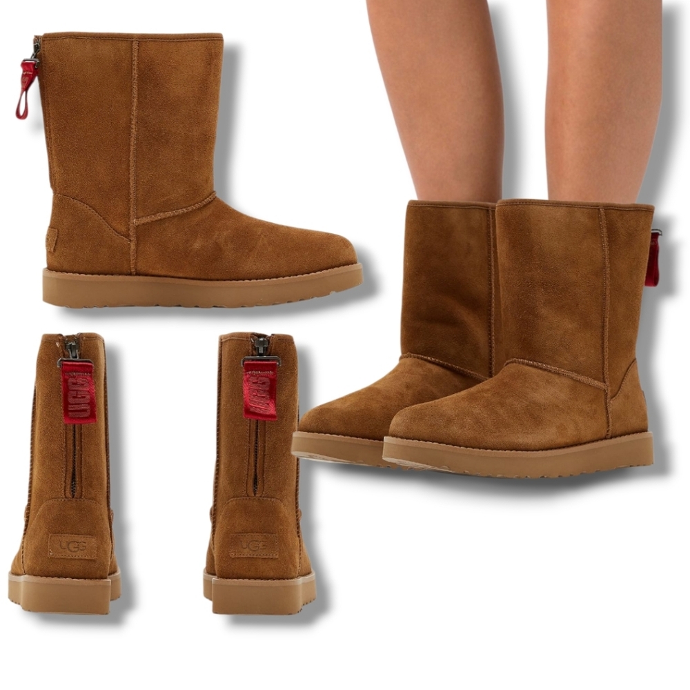 NEW 🤎 UGG Women's Chestnut Suede Classic Short Logo Zip Winter Boots